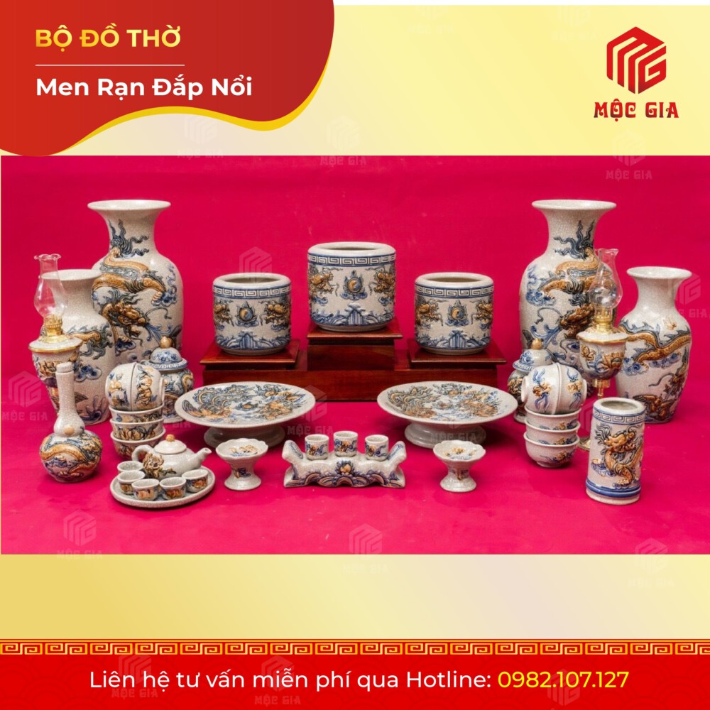 Bộ Đồ Thờ Men Rạn Đắp Nổi - DN 38