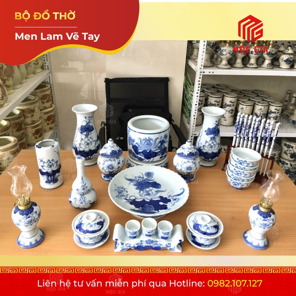 Bộ Đồ Thờ Men Lam Vẽ Tay - ML 05