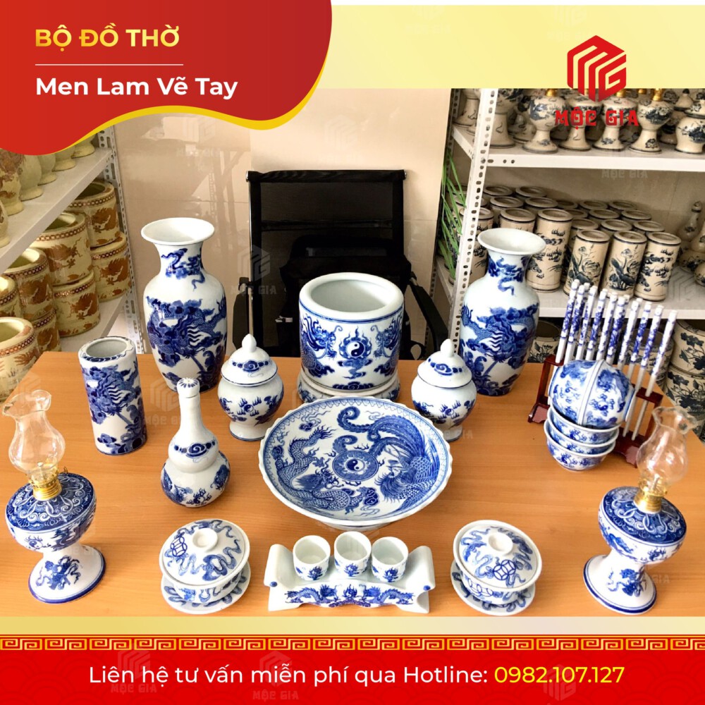 Bộ Đồ Thờ Men Lam Vẽ Tay - ML 06