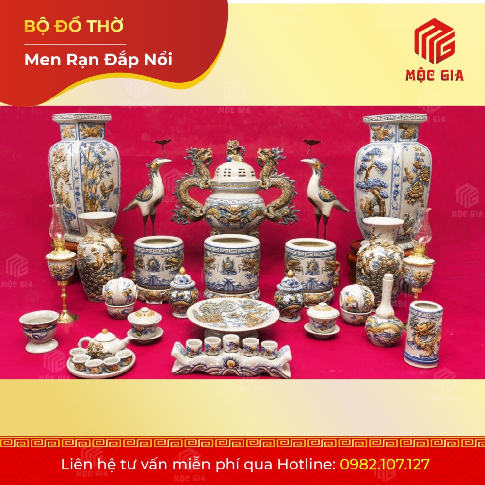 Bộ Đồ Thờ Men Rạn Đắp Nổi - DN 40