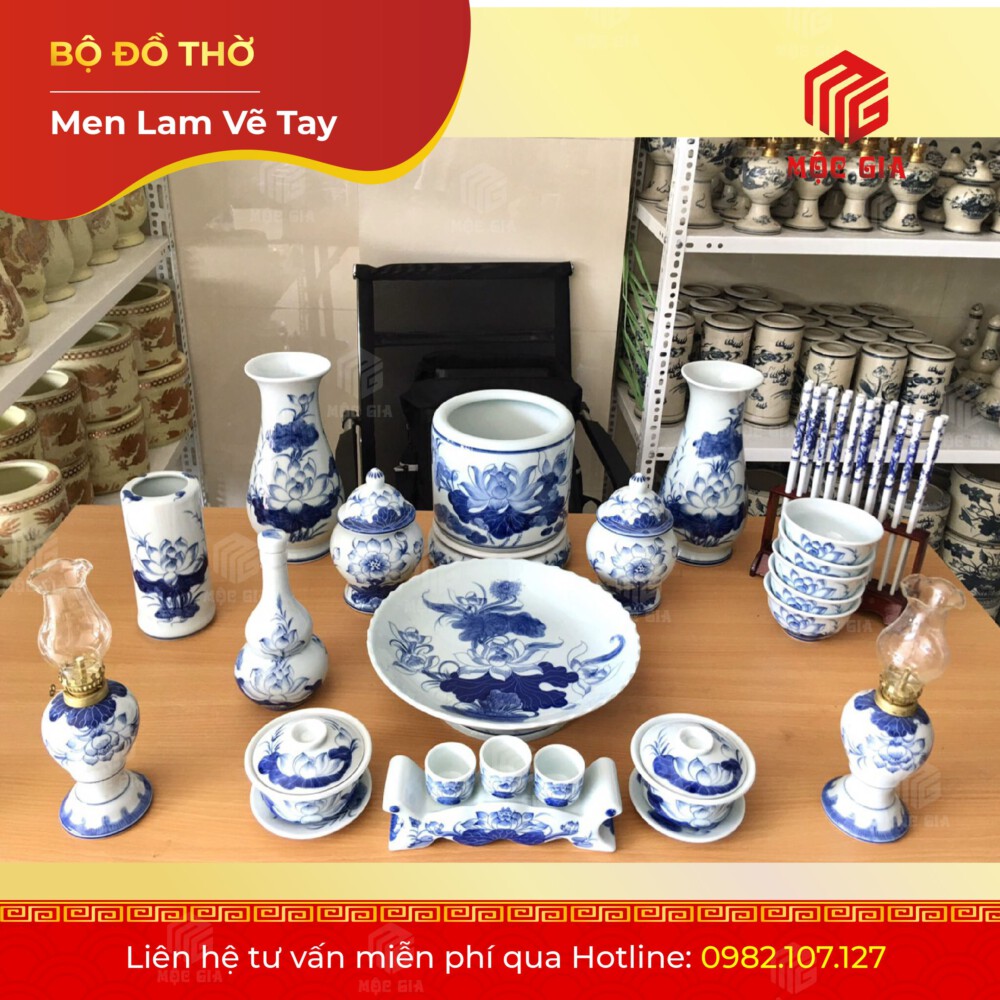 Bộ Đồ Thờ Men Lam Vẽ Tay - ML 07