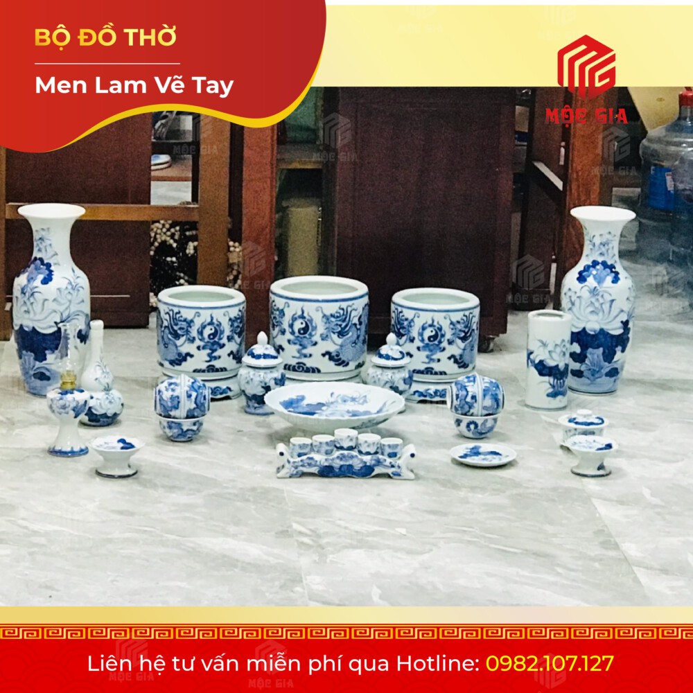 Bộ Đồ Thờ Men Lam Vẽ Tay - ML 10