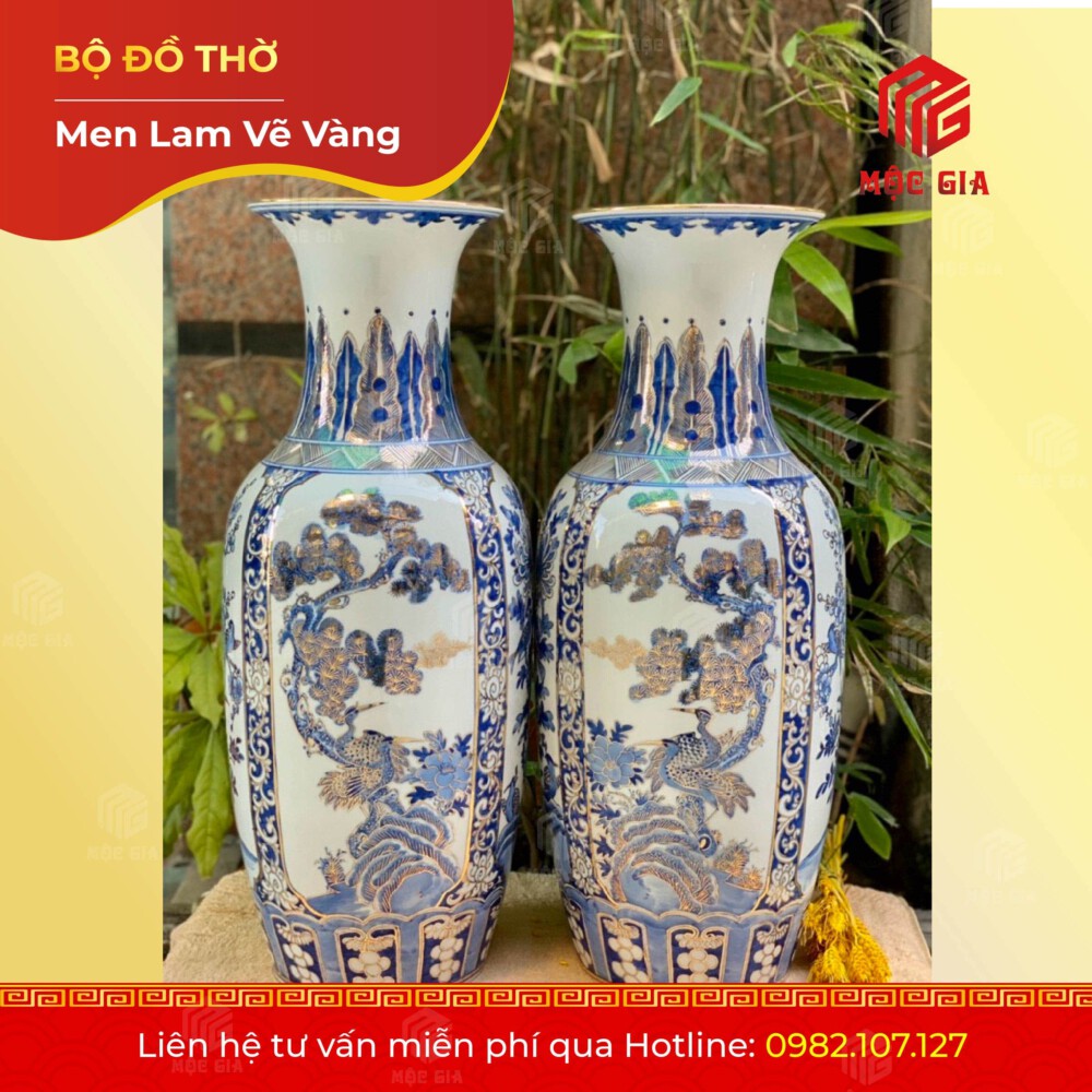 Bộ Đồ Thờ Men Lam Vẽ Vàng - MLV 11