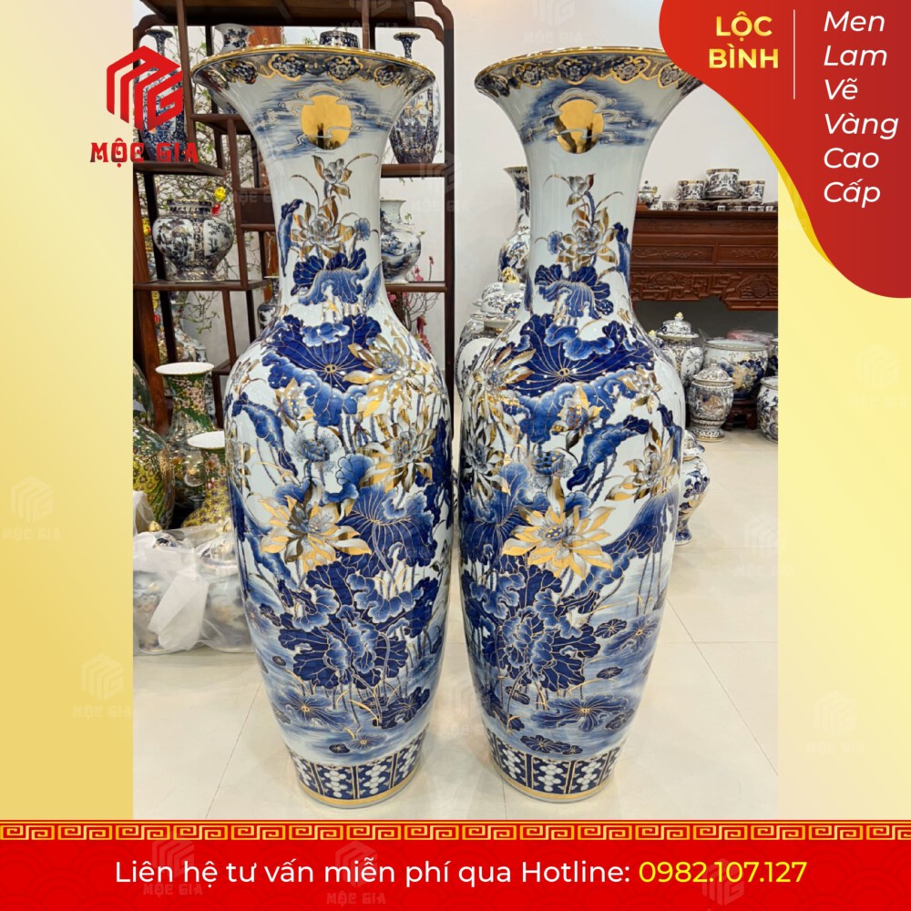 Lộc Bình Men Lam Vẽ Vàng Cao Cấp - MLVV11