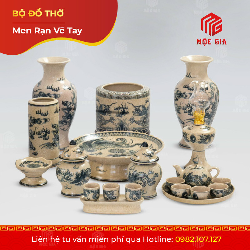 Bộ Đồ Thờ Men Rạn Vẽ Tay - VT 01