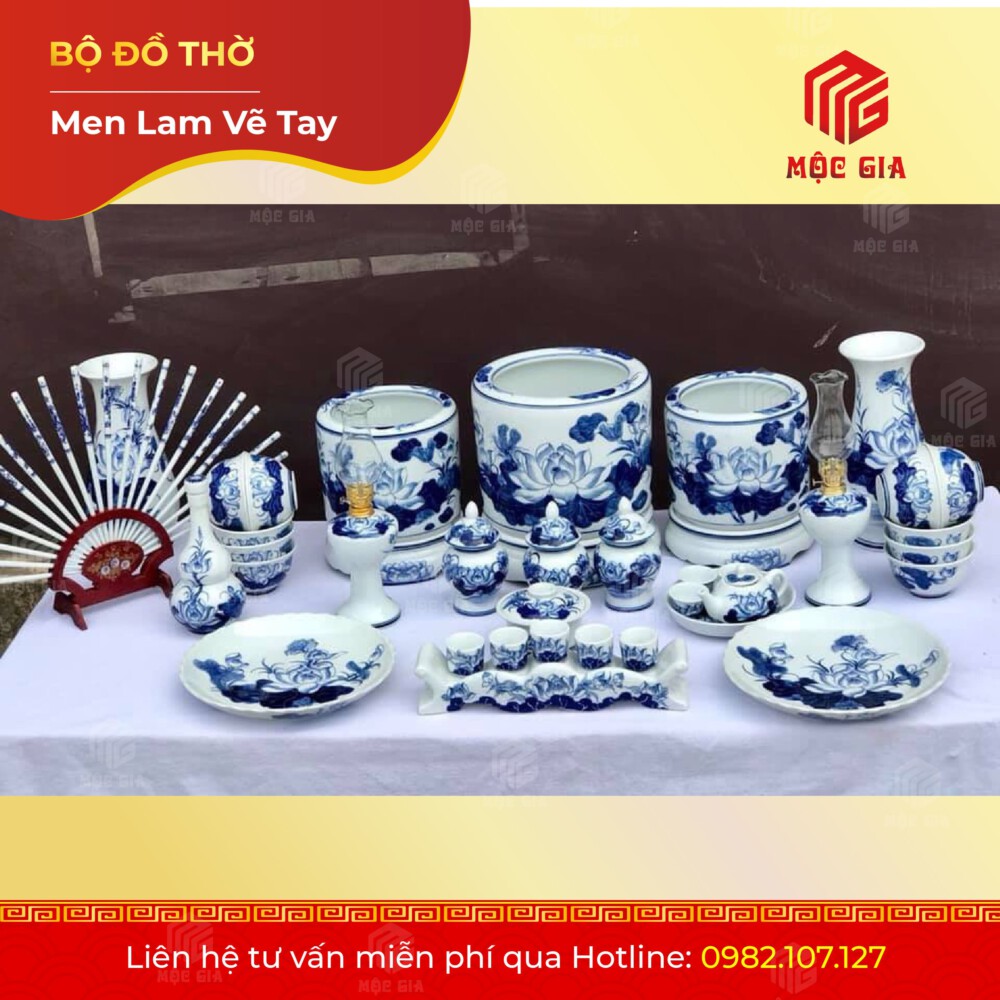 Bộ Đồ Thờ Men Lam Vẽ Tay - ML 11