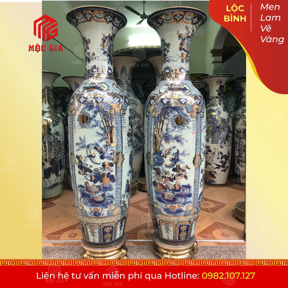 Lộc Bình Men Lam Vẽ Vàng - MLVV43