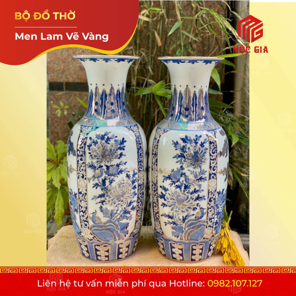 Bộ Đồ Thờ Men Lam Vẽ Vàng - MLV 12