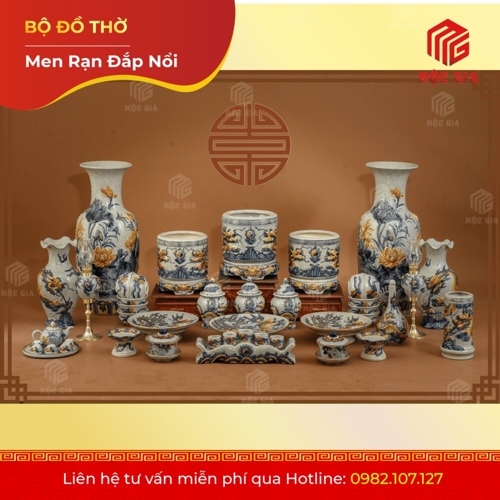 Bộ Đồ Thờ Men Rạn Đắp Nổi - DN 4