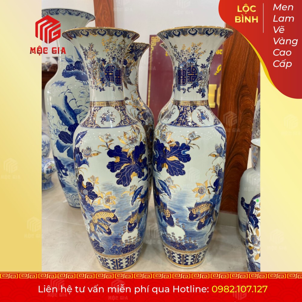 Lộc Bình Men Lam Vẽ Vàng Cao Cấp - MLVV12
