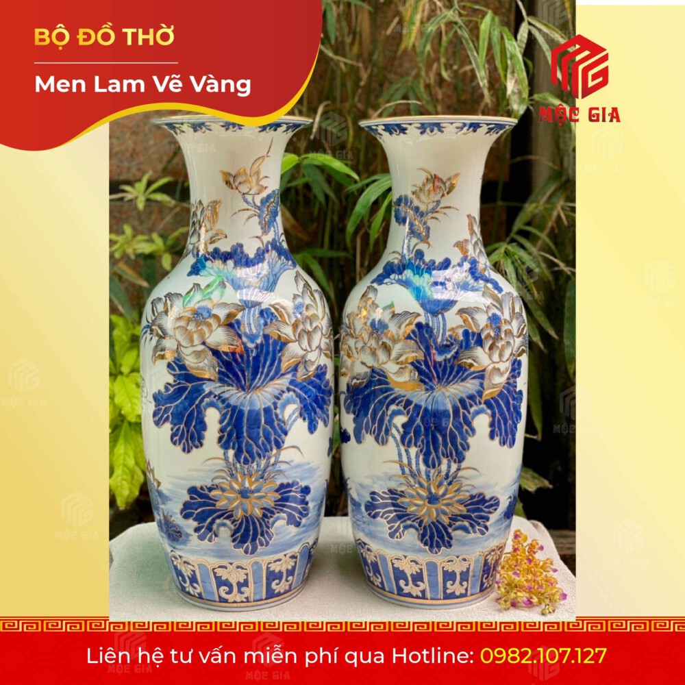 Bộ Đồ Thờ Men Lam Vẽ Vàng - MLV 13
