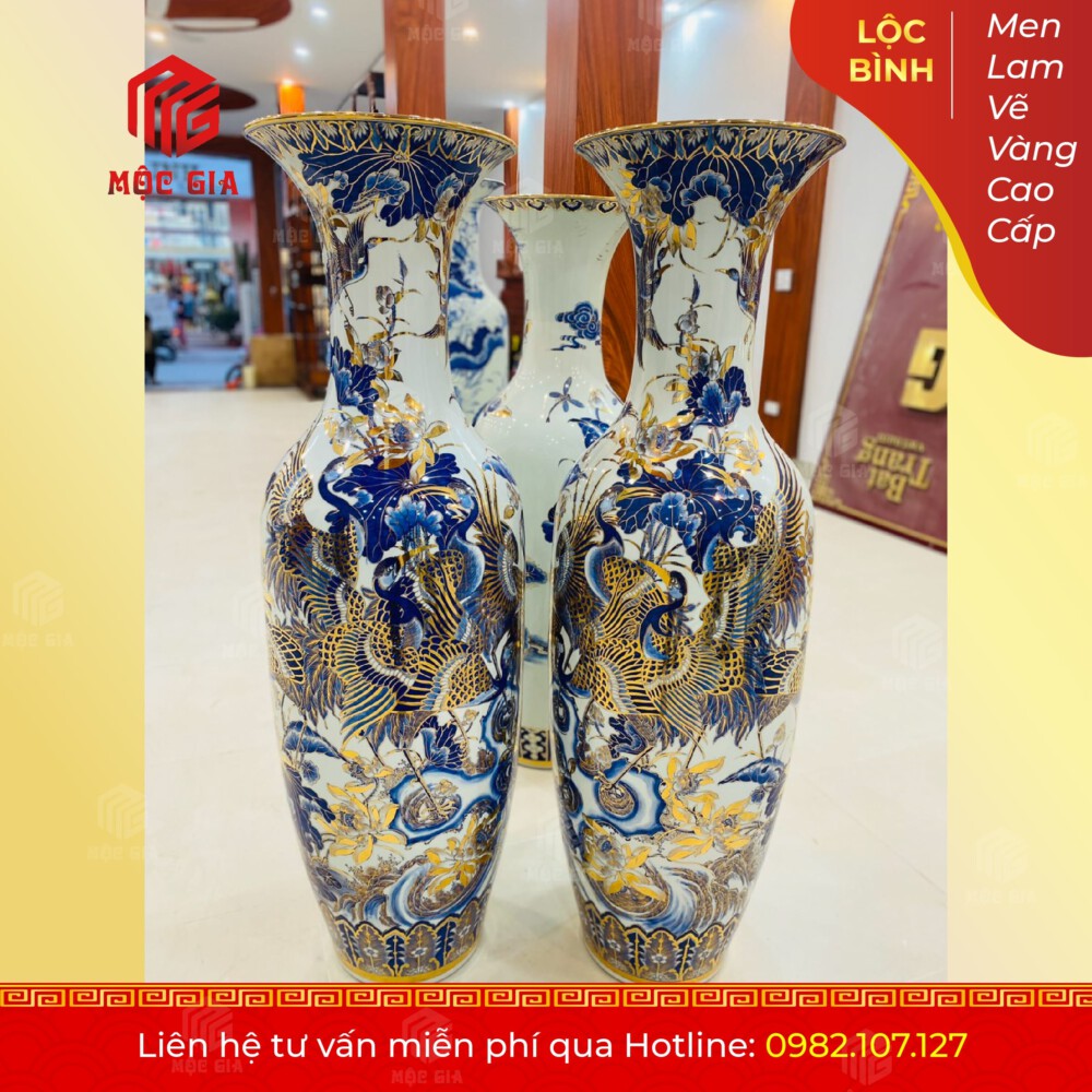 Lộc Bình Men Lam Vẽ Vàng Cao Cấp - MLVV13