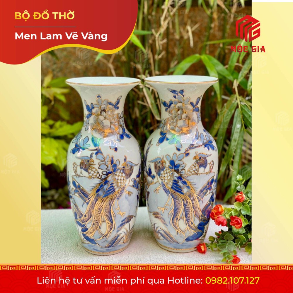Bộ Đồ Thờ Men Lam Vẽ Vàng - MLV 14