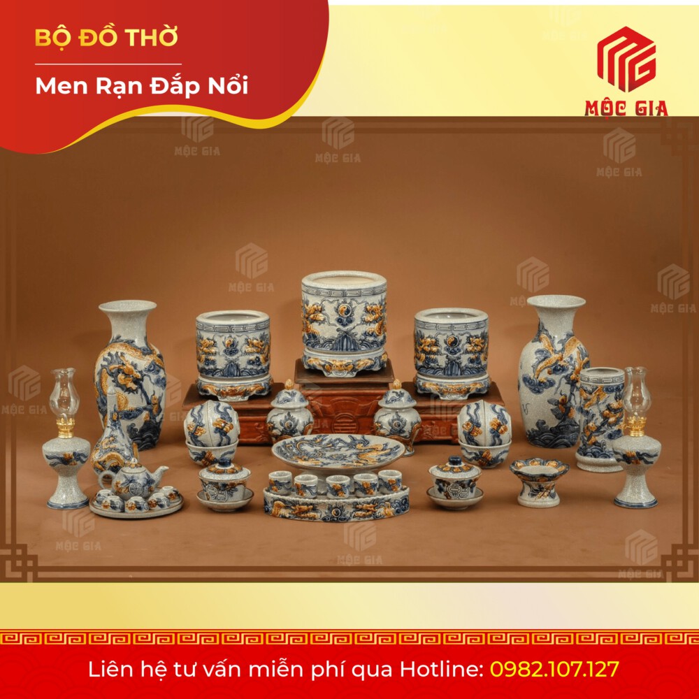 Bộ Đồ Thờ Men Rạn Đắp Nổi - DN 6