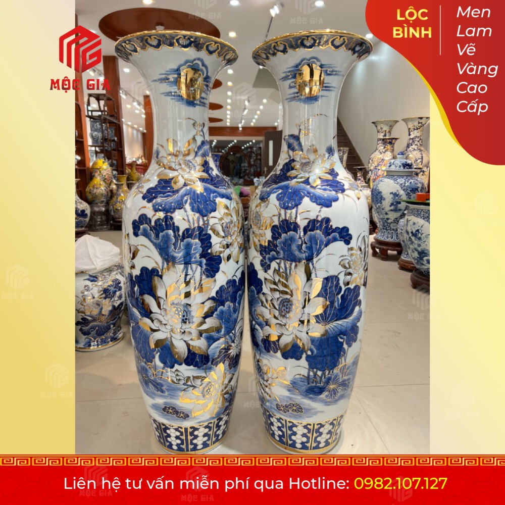 Lộc Bình Men Lam Vẽ Vàng Cao Cấp - MLVV14