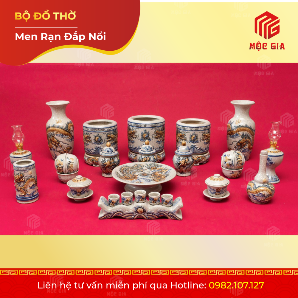 Bộ Đồ Thờ Men Rạn Đắp Nổi - DN 57
