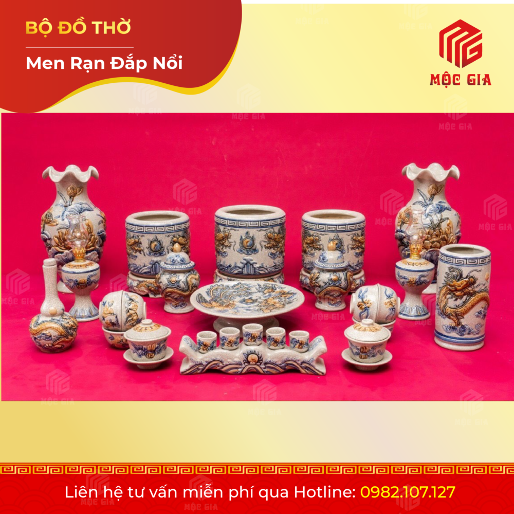 Bộ Đồ Thờ Men Rạn Đắp Nổi - DN 58