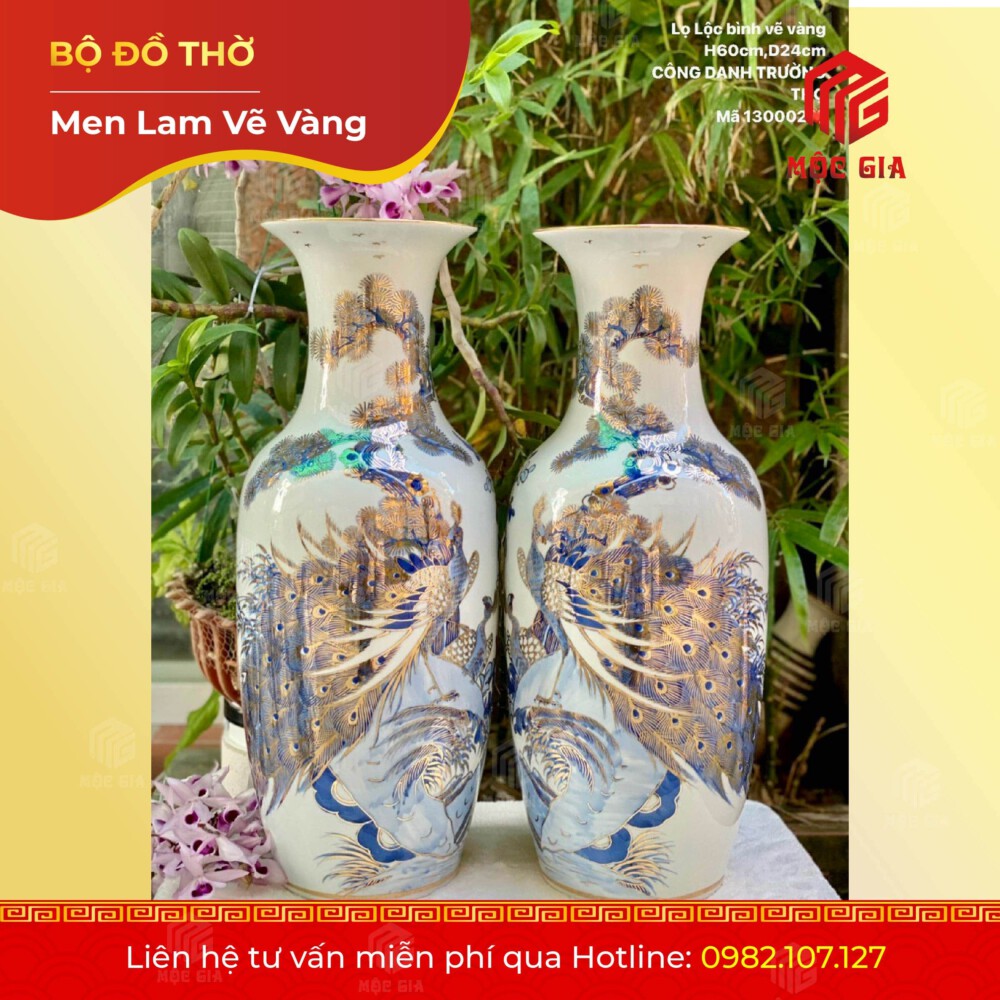 Bộ Đồ Thờ Men Lam Vẽ Vàng - MLV 15