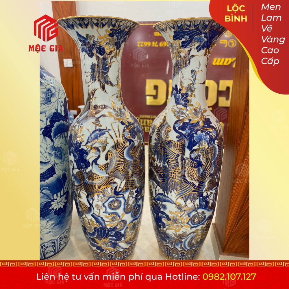 Lộc Bình Men Lam Vẽ Vàng Cao Cấp - MLVV15