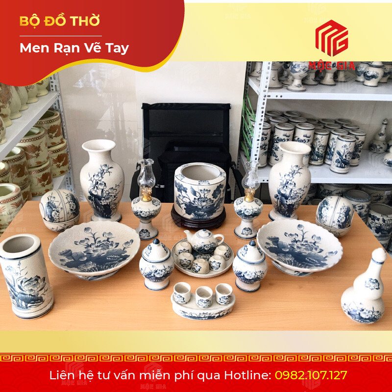 Bộ Đồ Thờ Men Rạn Vẽ Tay - VT 02