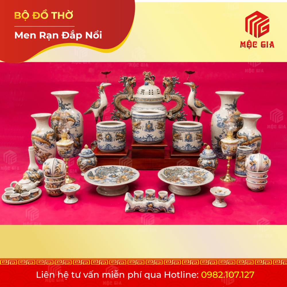 Bộ Đồ Thờ Men Rạn Đắp Nổi - DN 64