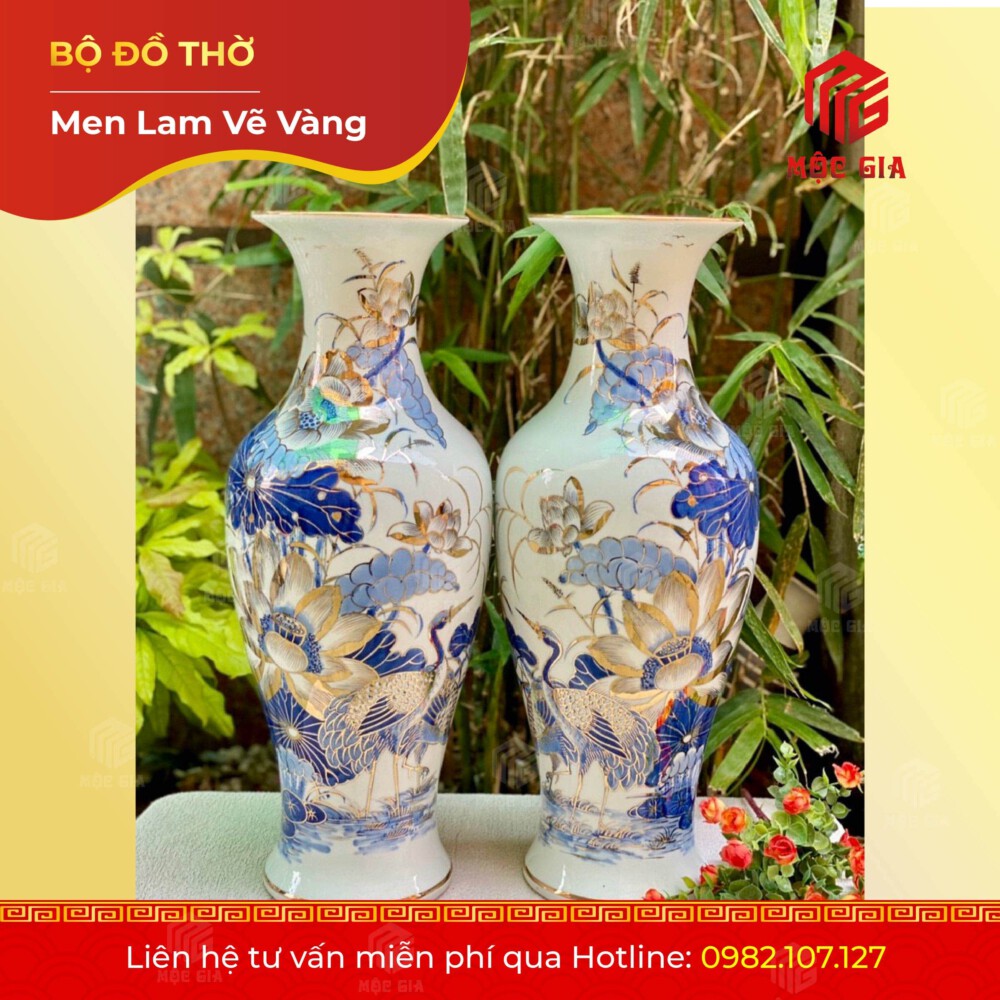 Bộ Đồ Thờ Men Lam Vẽ Vàng - MLV 16