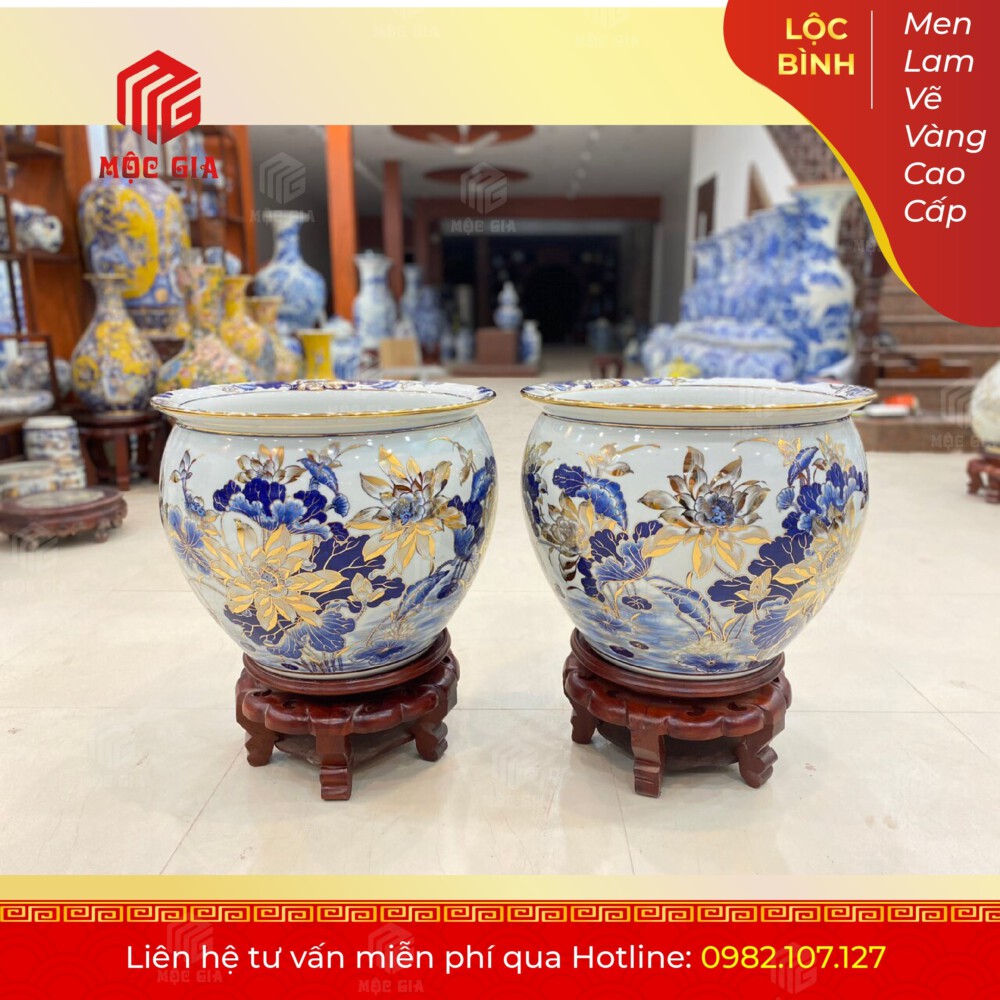 Lộc Bình Men Lam Vẽ Vàng Cao Cấp - MLVV16