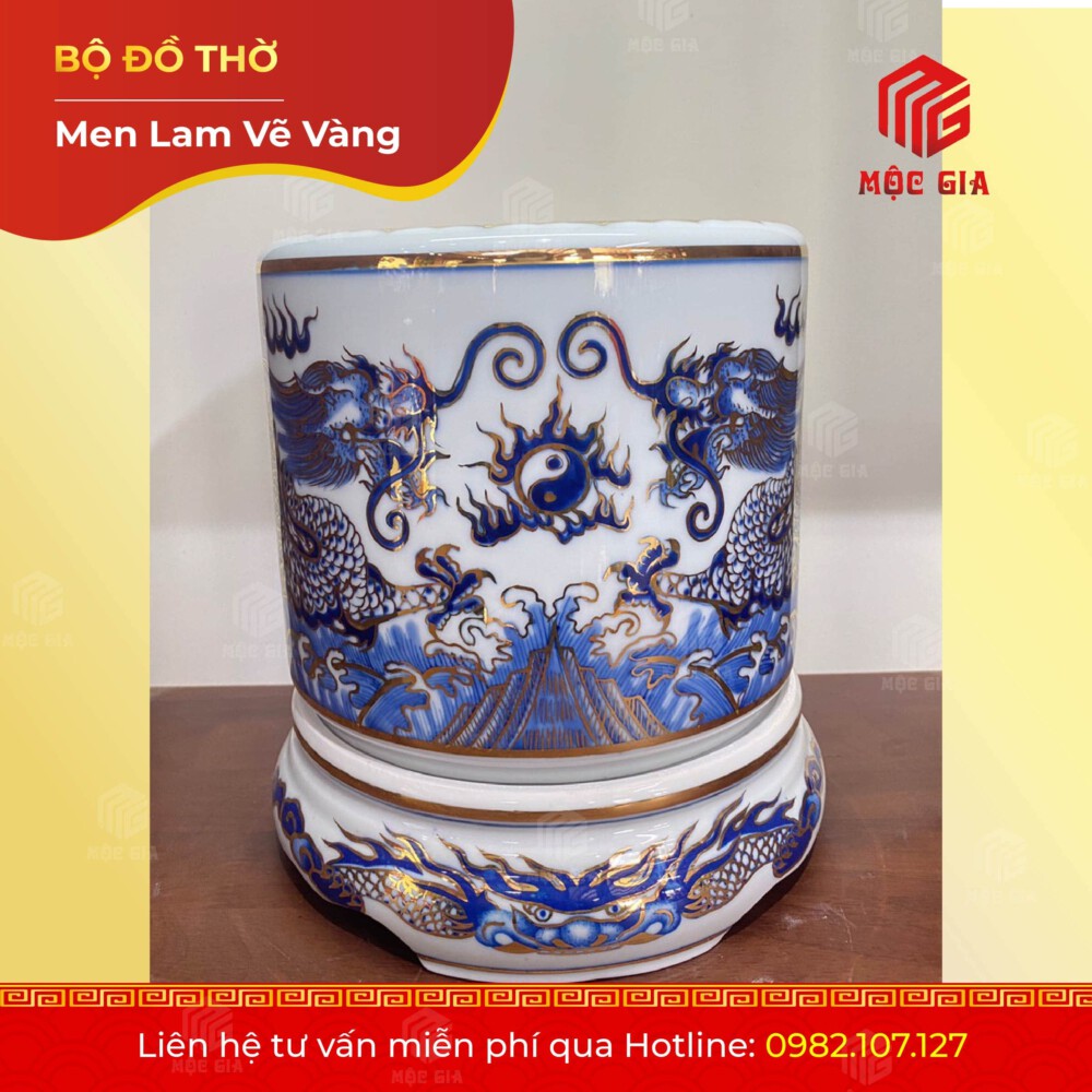 Bộ Đồ Thờ Men Lam Vẽ Vàng - MLV 21