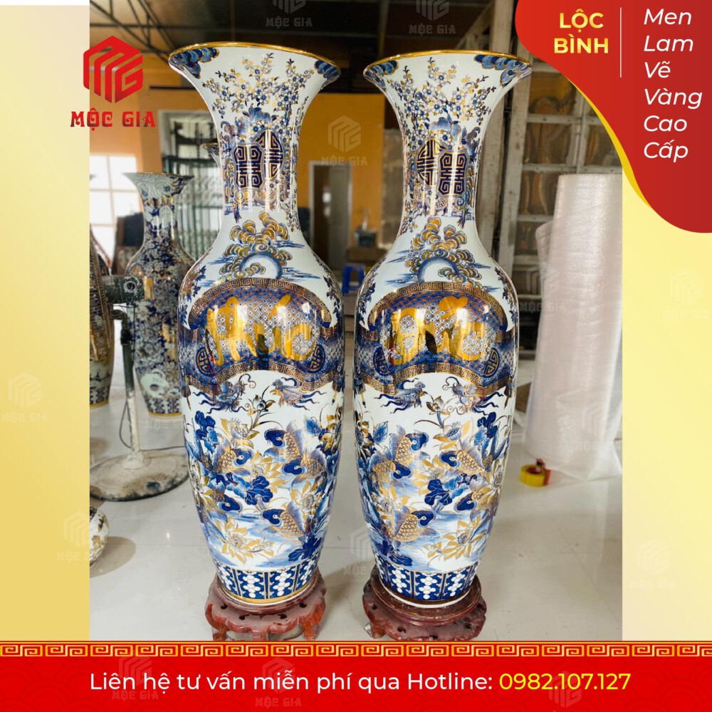 Lộc Bình Men Lam Vẽ Vàng Cao Cấp - MLVV17